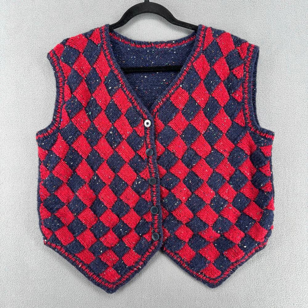 Handmade? Wool? Knit Button Down‎ Sweater M? Vest Checkered Harley Quinn Grandpa